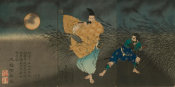 Tsukioka Yoshitoshi - The Heian Poet Yasumasa Playing the Flute by Moonlight, Subduing the Bandit Yasusuke with His Music, 1883