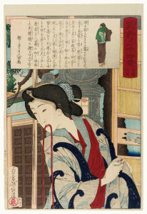 Tsukioka Yoshitoshi - Geisha Holding Cord in Lips, 1880