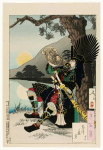 Tsukioka Yoshitoshi - Moon over Shizu Peak: Warlord Hideyoshi Sounding his Conchshell, 1888