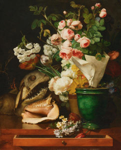 Antoine Berjon - Still Life with Flowers, Shells, a Shark's Head, and Petrifications, 1819