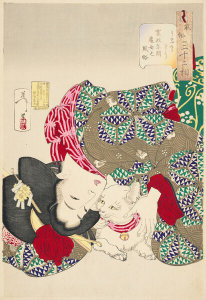 Tsukioka Yoshitoshi - Noisy: A Young Woman of the Kansei Period with a Purring Cat, 1888
