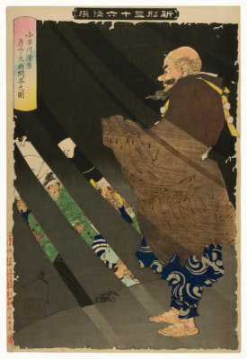 Tsukioka Yoshitoshi - The Sixteenth-Century General Kobayakawa Takakage Fearlessly Debating with the Goblin-Priest on Mount Hiko, 1892