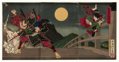 Tsukioka Yoshitoshi - The Giant Twelfth-Century Warrior-Priest Benkei Attacking Young Yoshitsune for His Sword on the Gojo Bridge, 1881